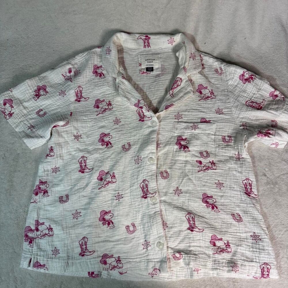American-eagle Women's Pink and White Shirt